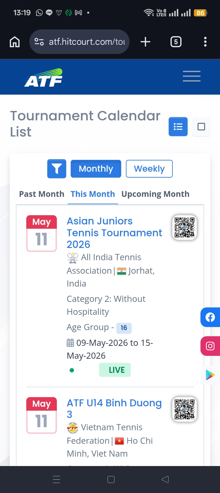 ATF tournament calendar mobile view showing card-based layout, vertical filter stacking, and one-tap month navigation on a phone-sized screen.